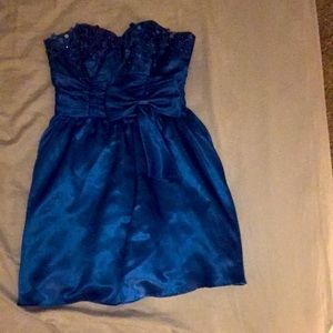 short, blue, strapless dress